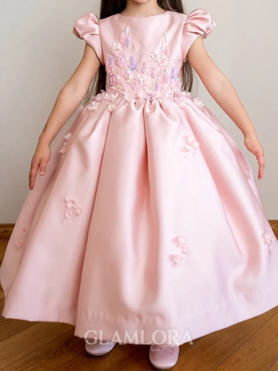 Dainty Ball-Gown Scoop Short Sleeves Flower Ankle-Length Satin Flower Girl Dress