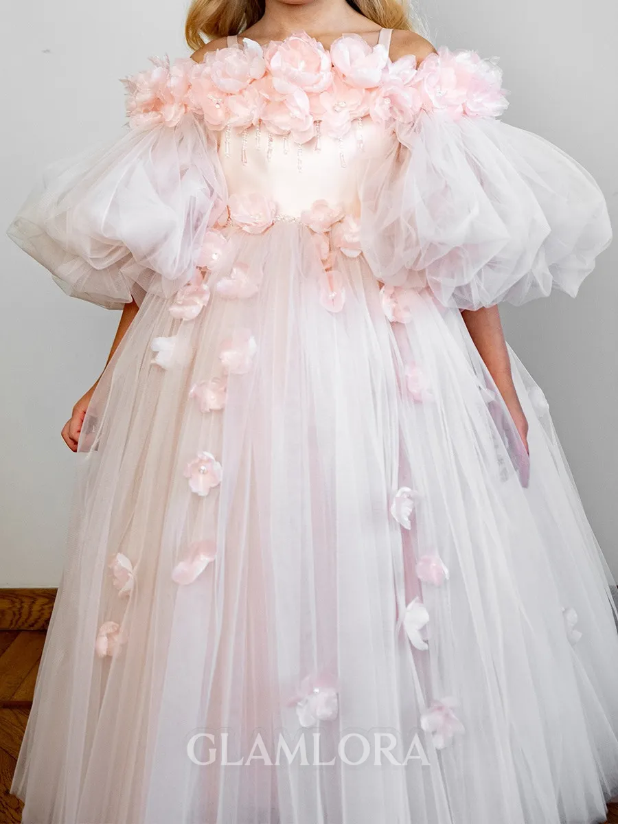 Enchanting Ball-Gown Straps 3/4 Sleeves Flower Floor-Length Tulle Flower Girl Dress