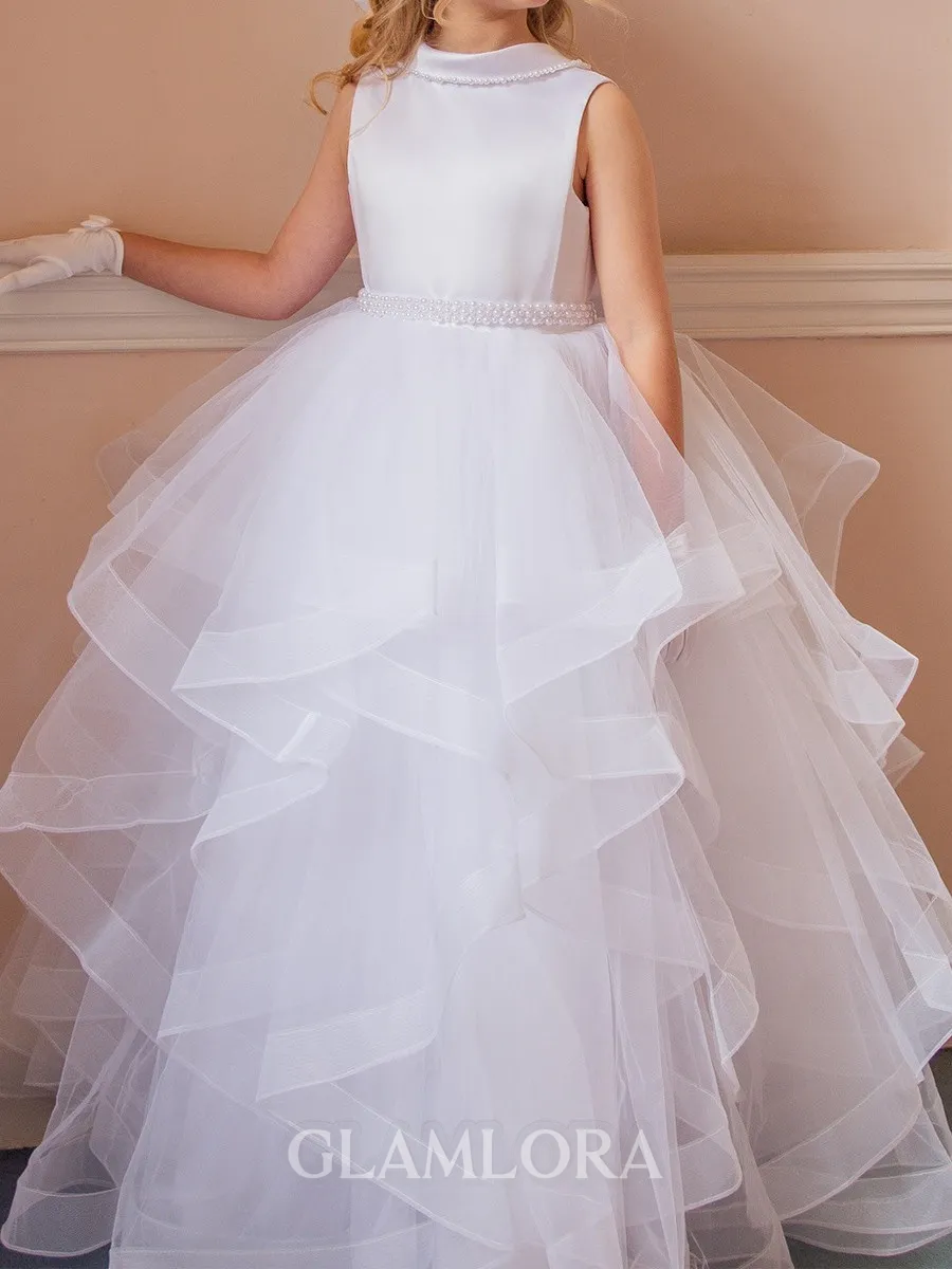 Graceful A-Line Scoop Bowknot Floor-Length Tulle Flower Girl Dress