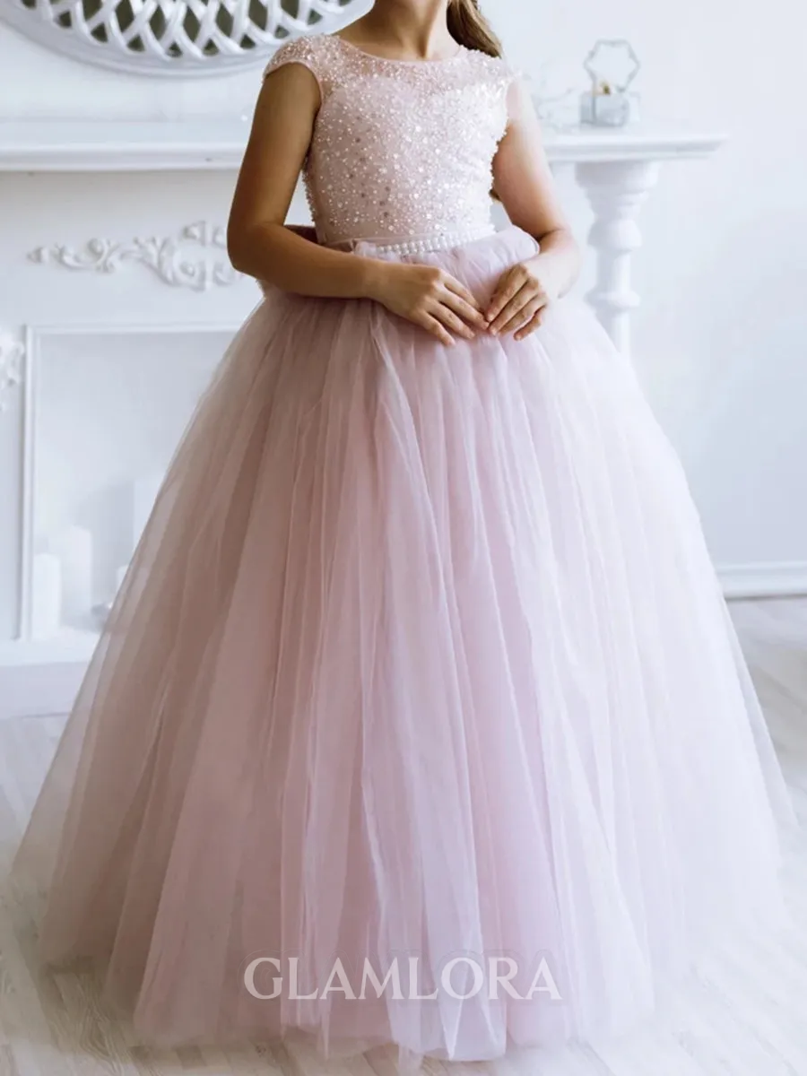 Celebratory Ball-Gown Scoop Bowknot Floor-Length Tulle Flower Girl Dress