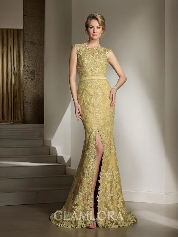 Regal Trumpet/Mermaid Scoop Sleeveless Sweep Train Lace Mother of the Bride Dress With Lace