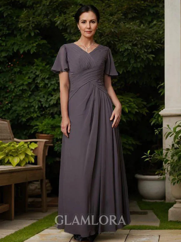 A-line V-Neck Endearing Short Sleeves Floor-Length Chiffon Mother of the Bride Dress
