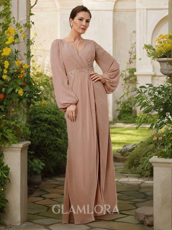 Chic A-line V-Neck Long Sleeves Floor-Length Chiffon Mother of the Bride Dress