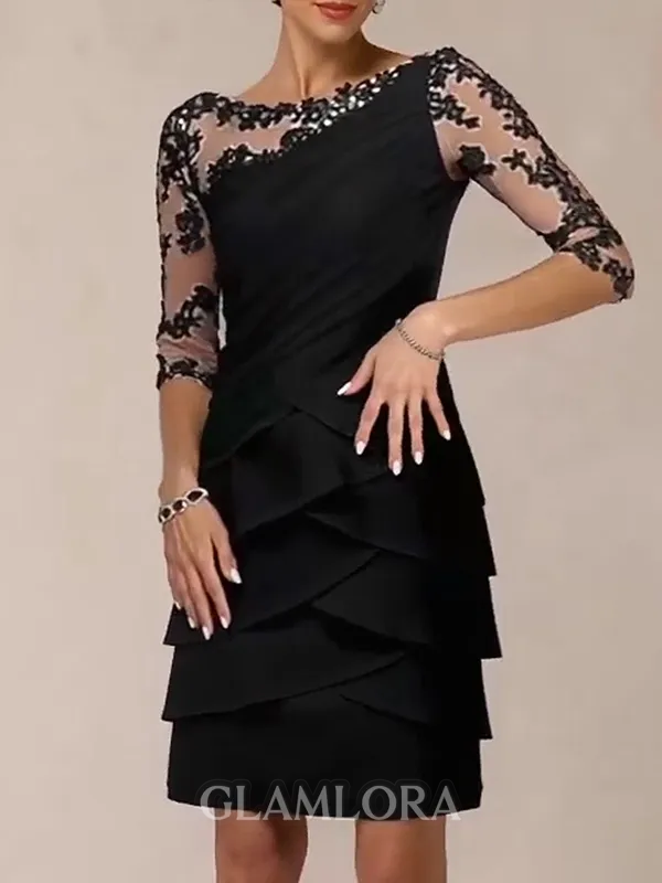 Impeccable Sheath Scoop 3/4 Sleeves Appliques Lace Knee-Length Chiffon Mother Of The Bride Dress