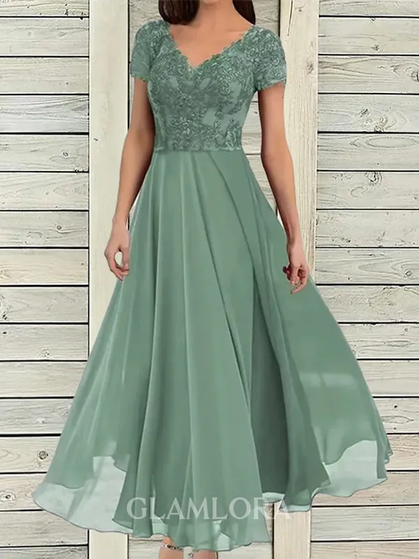 Statuesque A-Line V-Neck Short Sleeves Chiffon Ankle-Length Mother Of The Bride Dress With Ruffles