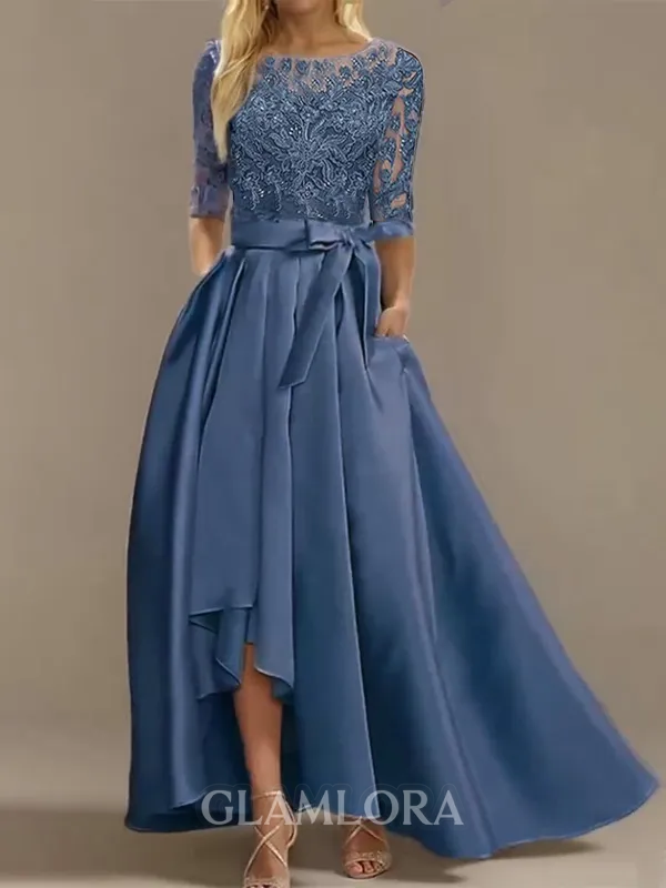 Tasteful A-Line Bateau 1/2 Sleeves Asymmetrical Satin Mother Of The Bride Dress