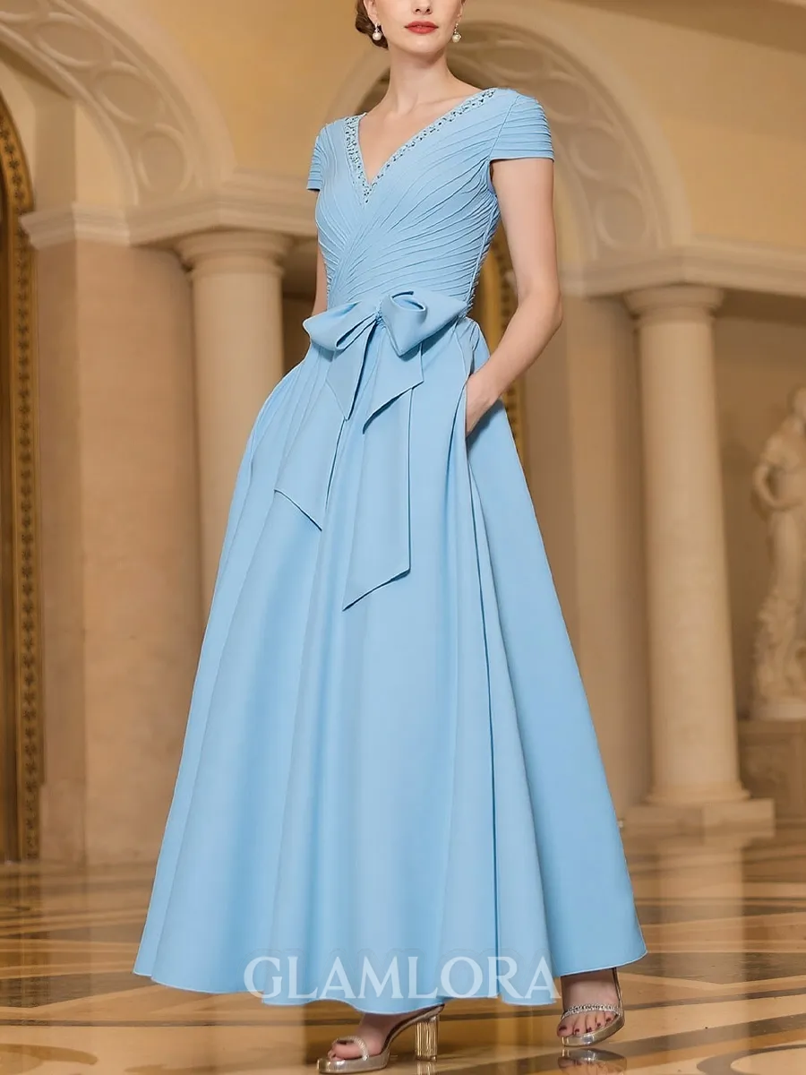 Fashion A-Line V-Neck Short Sleeves Ankle-Length Stretch Crepe Mother Of The Bride Dress With Bow
