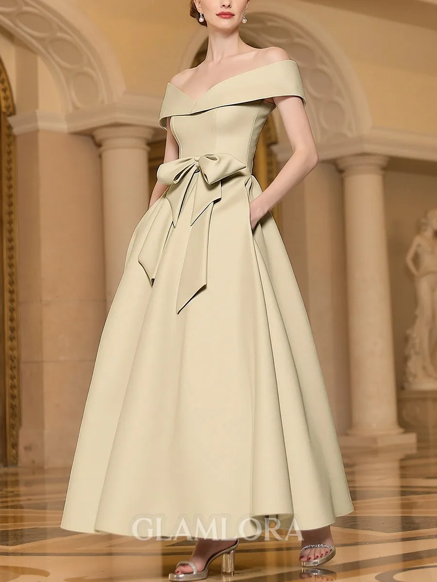 Resplendent A-Line Off-The-Shoulder Bow Ankle-Length Satin Corset Mother Of The Bride Dress