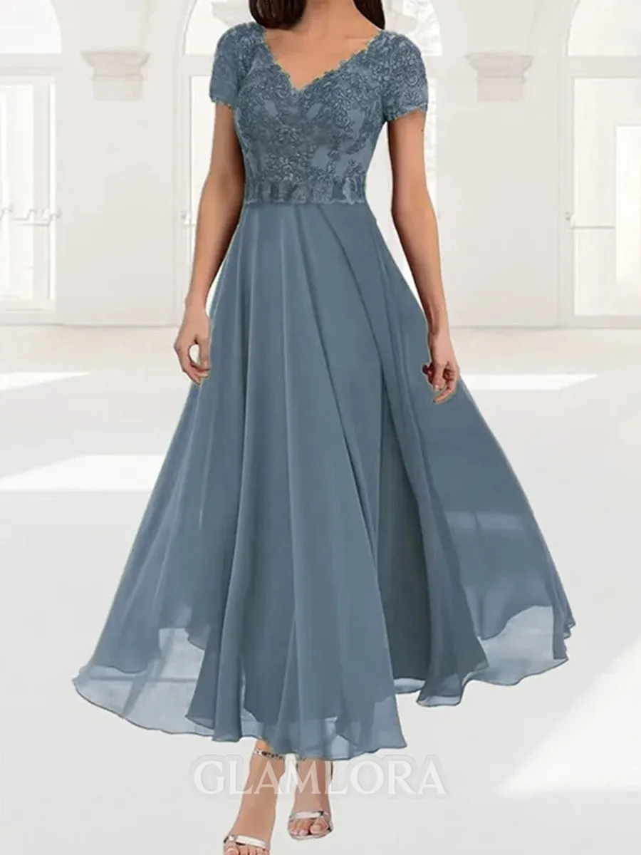 Delicate A-line V-Neck Short Sleeves Appliques Lace Ankle-Length Chiffon Corset Mother of the Bride Dress