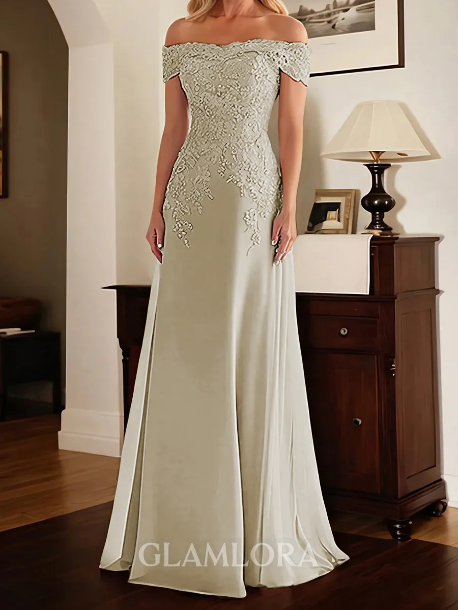Exquisite Sheath Off-the-Shoulder Appliques Lace Floor-Length Chiffon Corset Mother of the Bride Dress