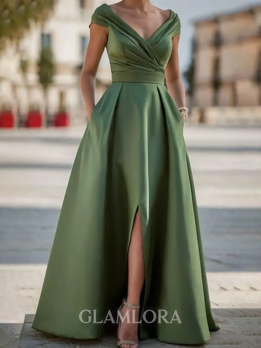 Stunning A-line V-Neck Pleated Floor-Length Satin Corset Mother of the Bride Dress