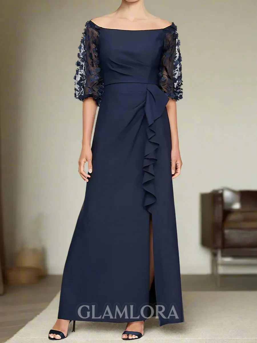 Captivating Sheath Bateau 1/2 Sleeves Ruffles Ankle-Length Charmeuse Corset Mother of the Bride Dress