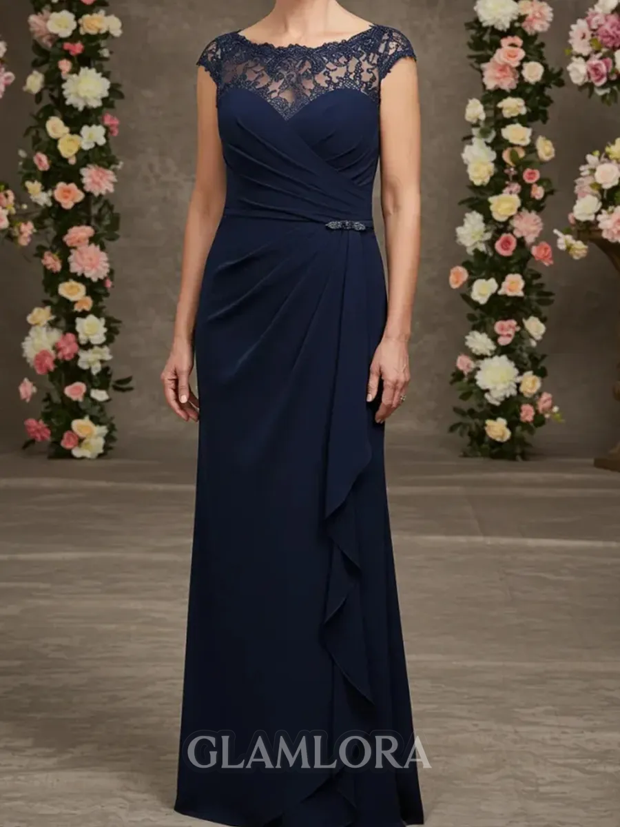 Aristocratic Sheath Scoop Short Sleeves Appliques Lace Floor-Length Stretch Crepe Mother of the Bride Dress