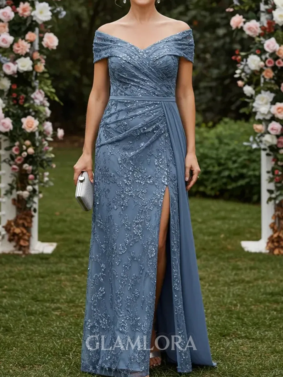 Magnificent Sheath Off-the-Shoulder Pleated Floor-Length Lace Corset Mother of the Bride Dress