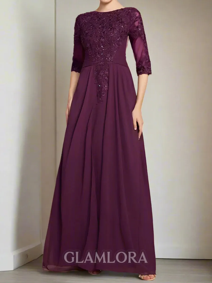 Splendiferous A-line Scoop 1/2 Sleeves Appliques Lace Floor-Length Chiffon Corset Mother of the Bride Dress