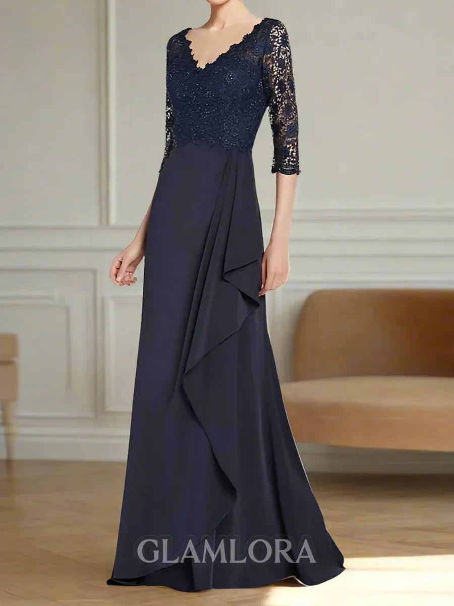 Extravagant A-line V-Neck 3/4 Sleeves Appliques Lace Floor-Length Stretch Crepe Mother of the Bride Dress