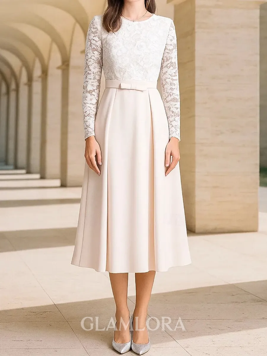 Timeless A-Line Scoop Long Sleeves Ruffles Tea-Length Stretch Crepe Mother of the Bride Dress
