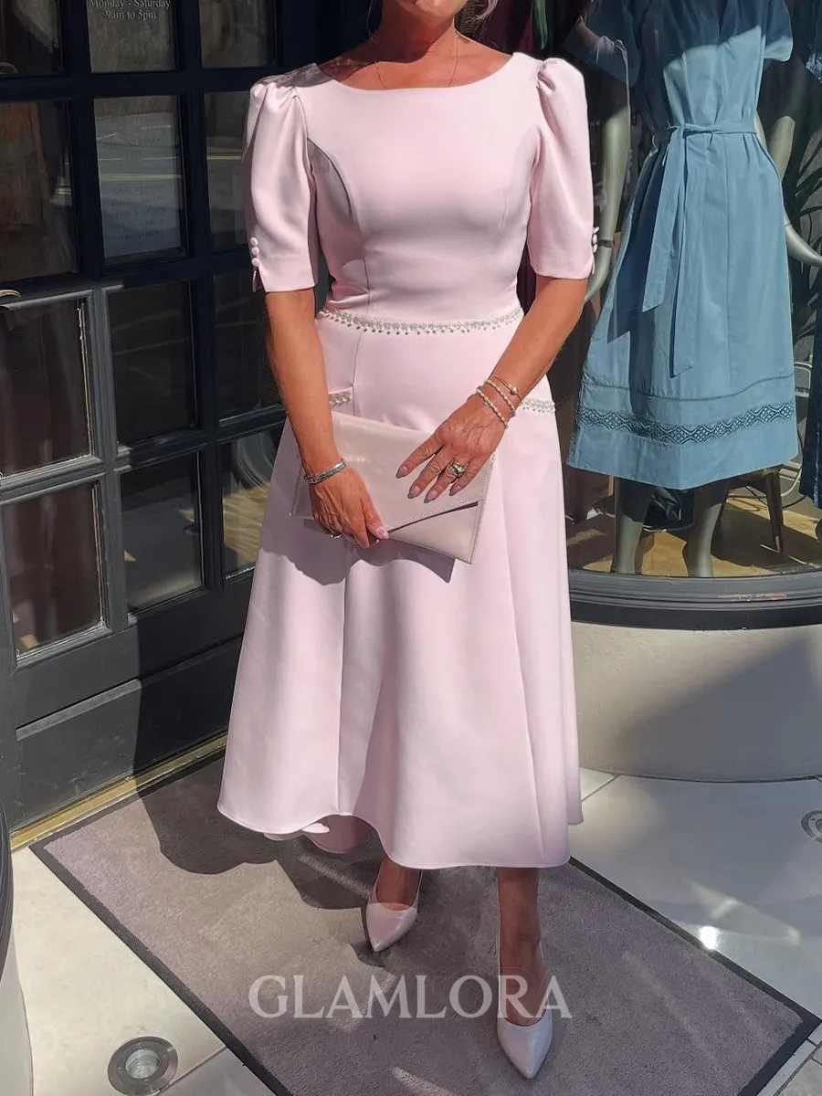 Stunning A-Line Bateau Short Sleeves Ruffles Asymmetrical Stretch Crepe Mother of the Bride Dress