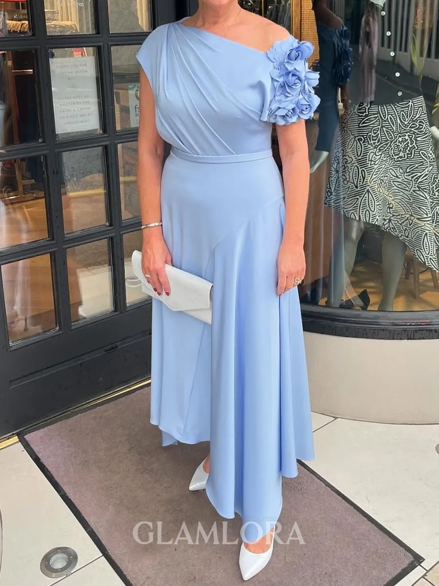 Polished A-Line One-Shoulder Short Sleeves Ruffles Asymmetrical Charmeuse Corset Mother of the Bride Dress