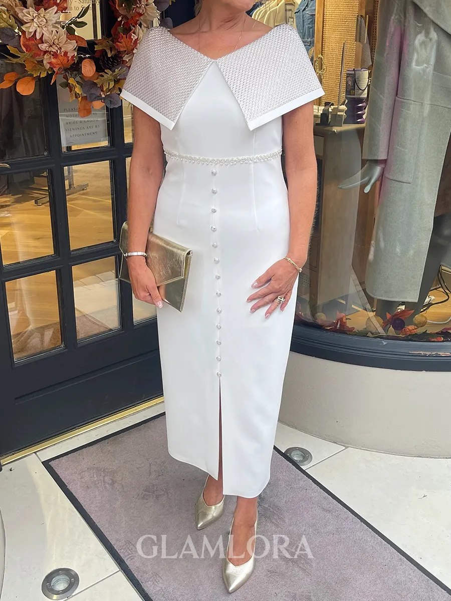 Immaculate Sheath V-Neck Short Sleeves Tea-Length Satin Corset Mother of the Bride Dress