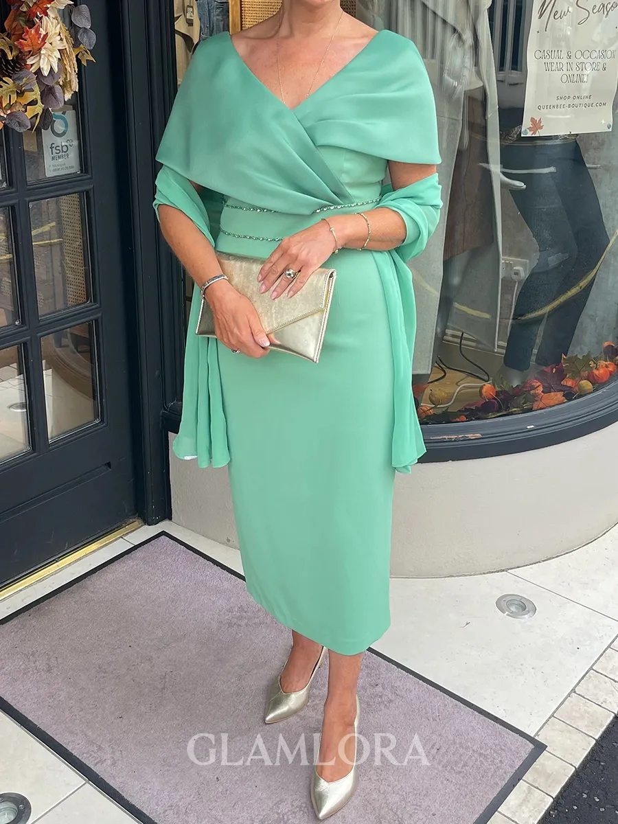 Charming Sheath V-Neck Short Sleeves Pleated Ankle-Length Corset Mother of the Bride Dress