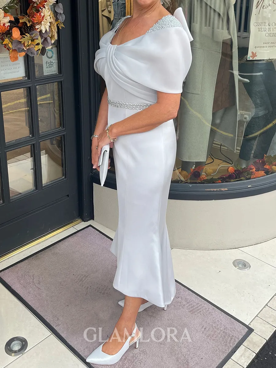 Noble Sheath Scoop Short Sleeves Bow Asymmetrical Corset Mother of the Bride Dress