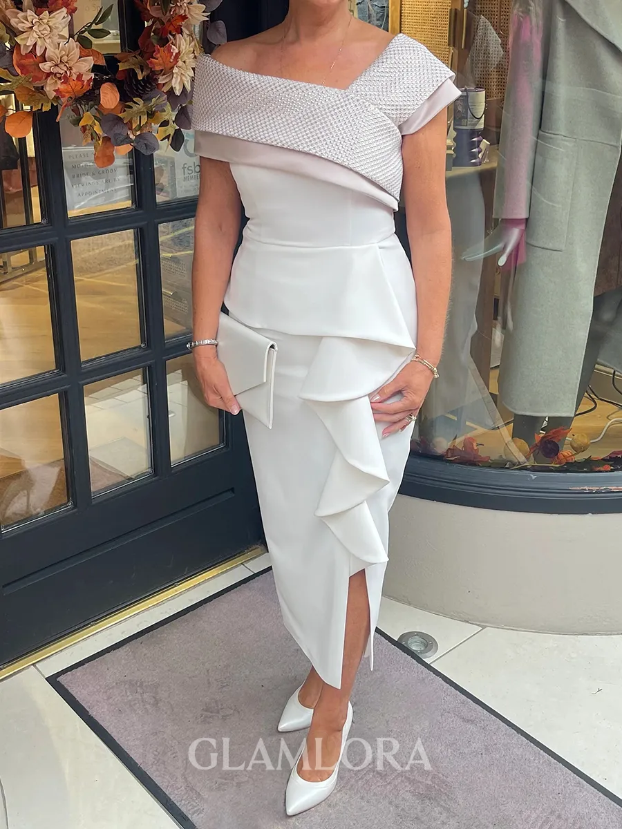 Statuesque Sheath One-Shoulder Ruffles Tea-Length Satin Corset Mother of the Bride Dress