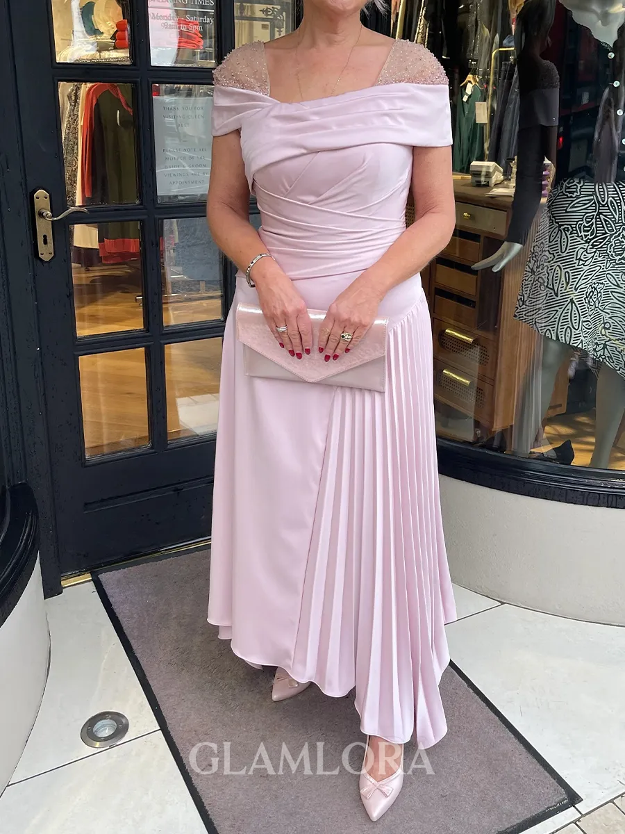 Endearing A-Line Square Short Sleeves Ruffles Ankle-Length Satin Chiffon Corset Mother of the Bride Dress