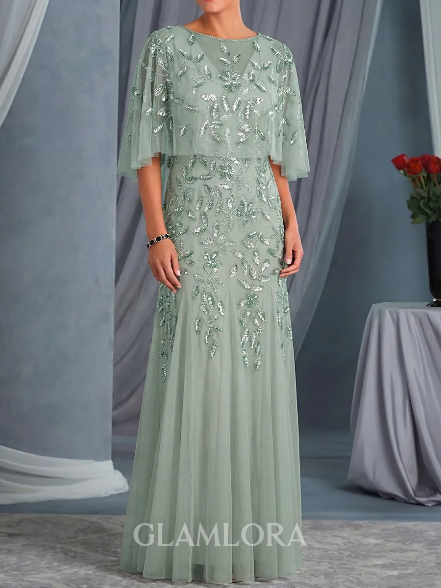 Elegant Sheath Scoop Appliques Lace Floor-Length Tulle Mother of the Bride Dress