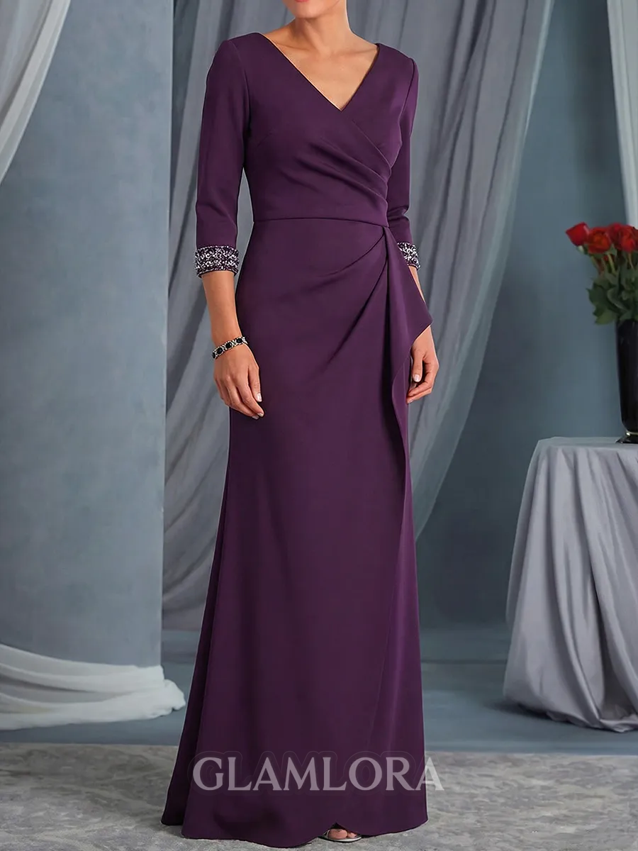 Timeless Sheath V-Neck Pleated Floor-Length Stretch Crepe Mother of the Bride Dress