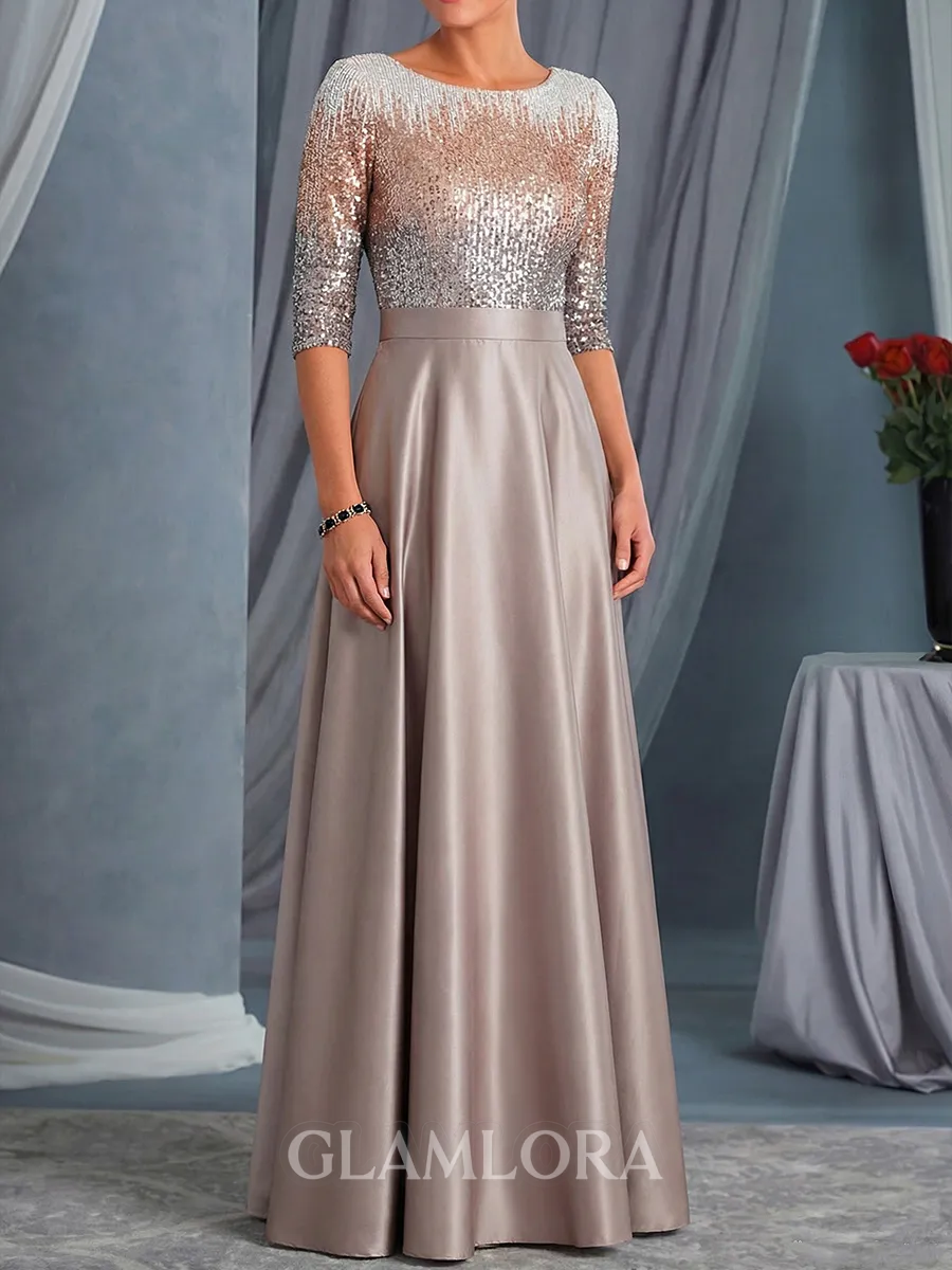 Understated A-Line Scoop Sequin Floor-Length Satin Mother of the Bride Dress
