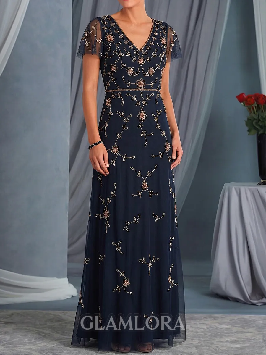 Resplendent Sheath V-Neck Appliques Lace Floor-Length Tulle Mother of the Bride Dress