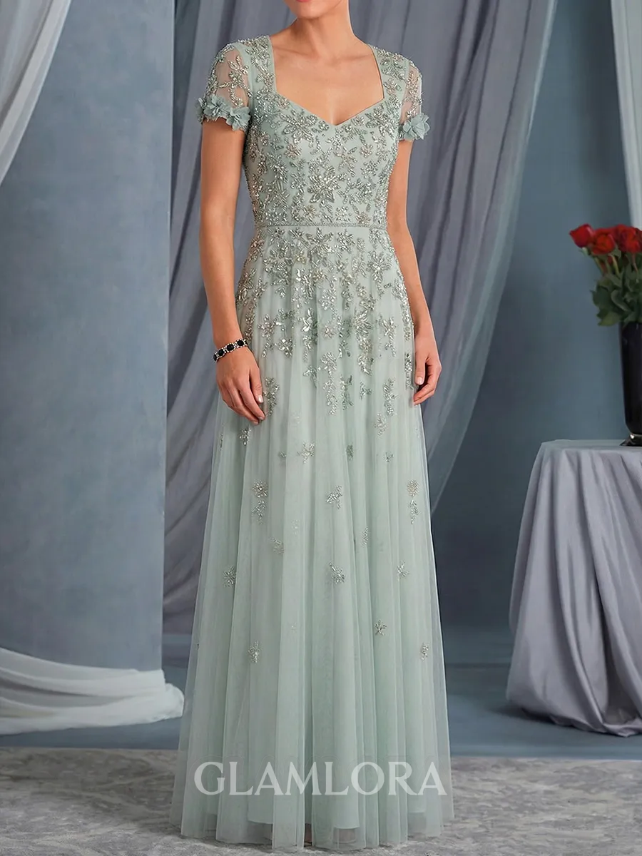 Stunning A-Line V-Neck Appliques Lace Floor-Length Tulle Mother of the Bride Dress