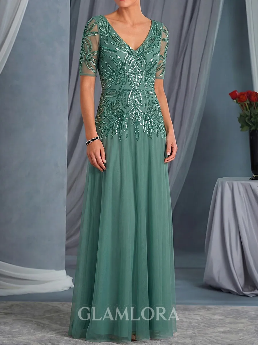 Polished A-Line V-Neck Sequin Floor-Length Tulle Mother of the Bride Dress