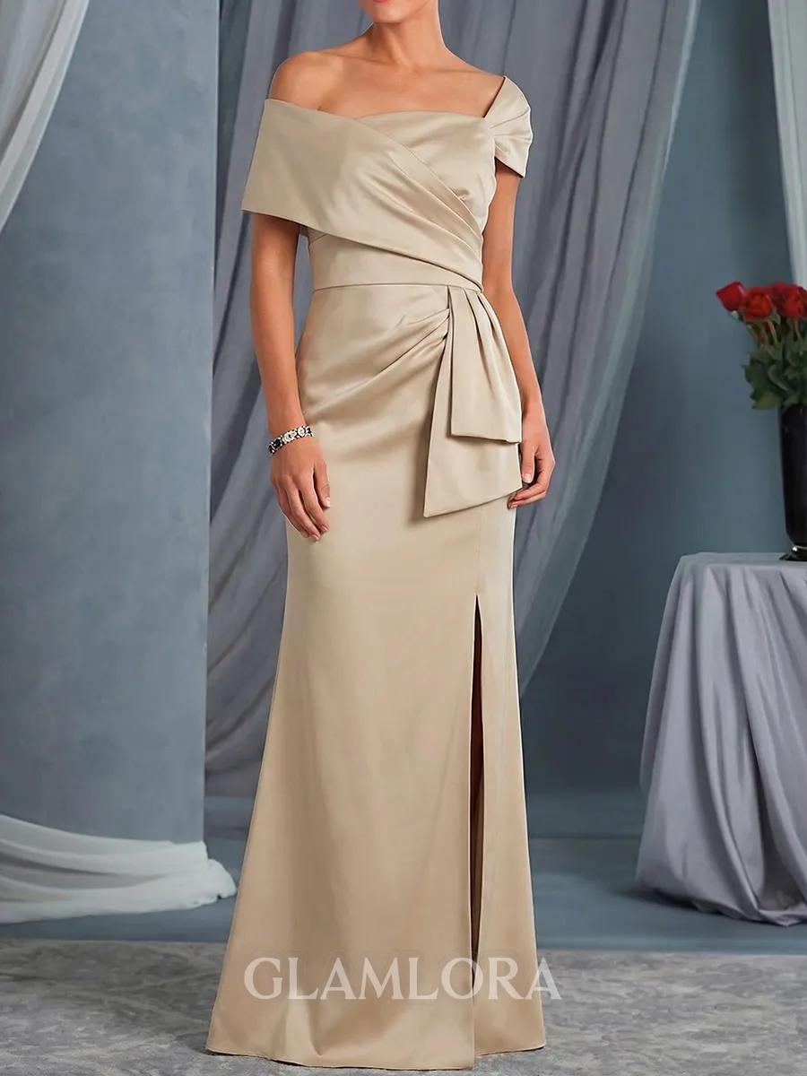 Modest Sheath Off-The-Shoulder Pleated Floor-Length Silk Like Satin Mother of the Bride Dress