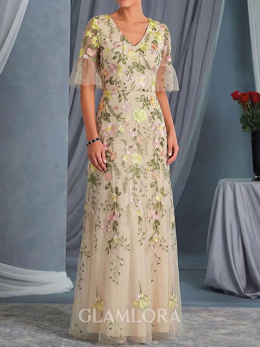 Immaculate A-Line V-Neck Appliques Lace Floor-Length Tulle Mother of the Bride Dress