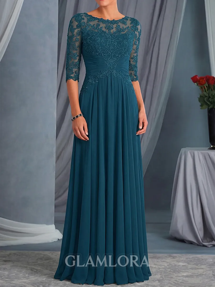 Noble A-Line Scoop Appliques Lace Floor-Length Chiffon Mother of the Bride Dress