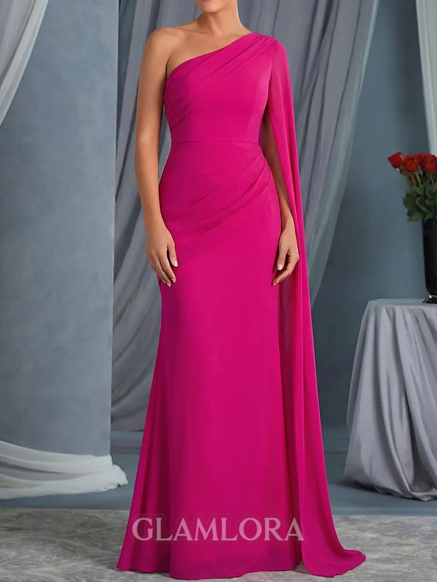 Tasteful Sheath One-Shoulder Pleated Floor-Length Chiffon Corset Mother of the Bride Dress