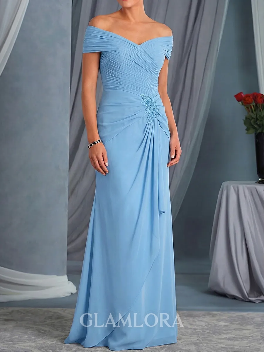 Gorgeous Sheath Off-The-Shoulder Pleated Sweep Train Chiffon Mother of the Bride Dress