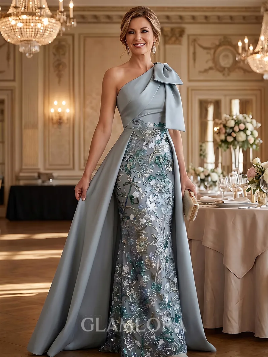 Classy A-Line One-Shoulder Bow Floor-Length Satin Corset Mother of the Bride Dress
