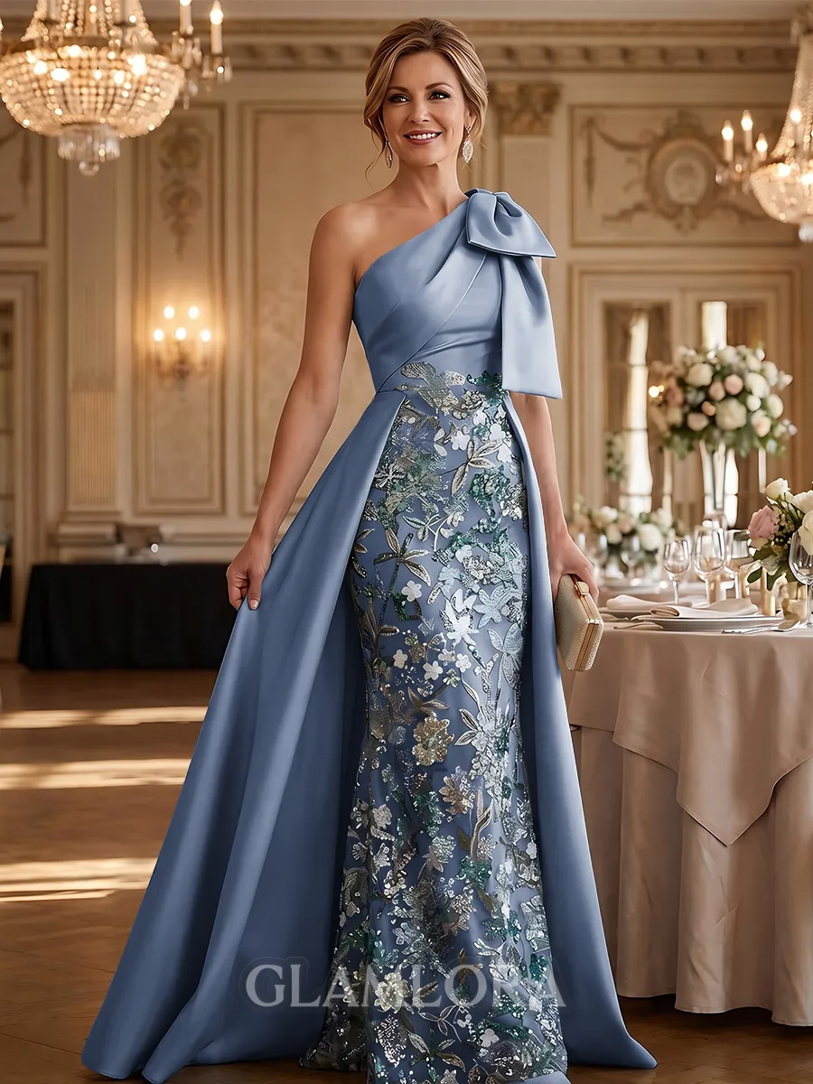 Classy A-Line One-Shoulder Bow Floor-Length Satin Corset Mother of the Bride Dress