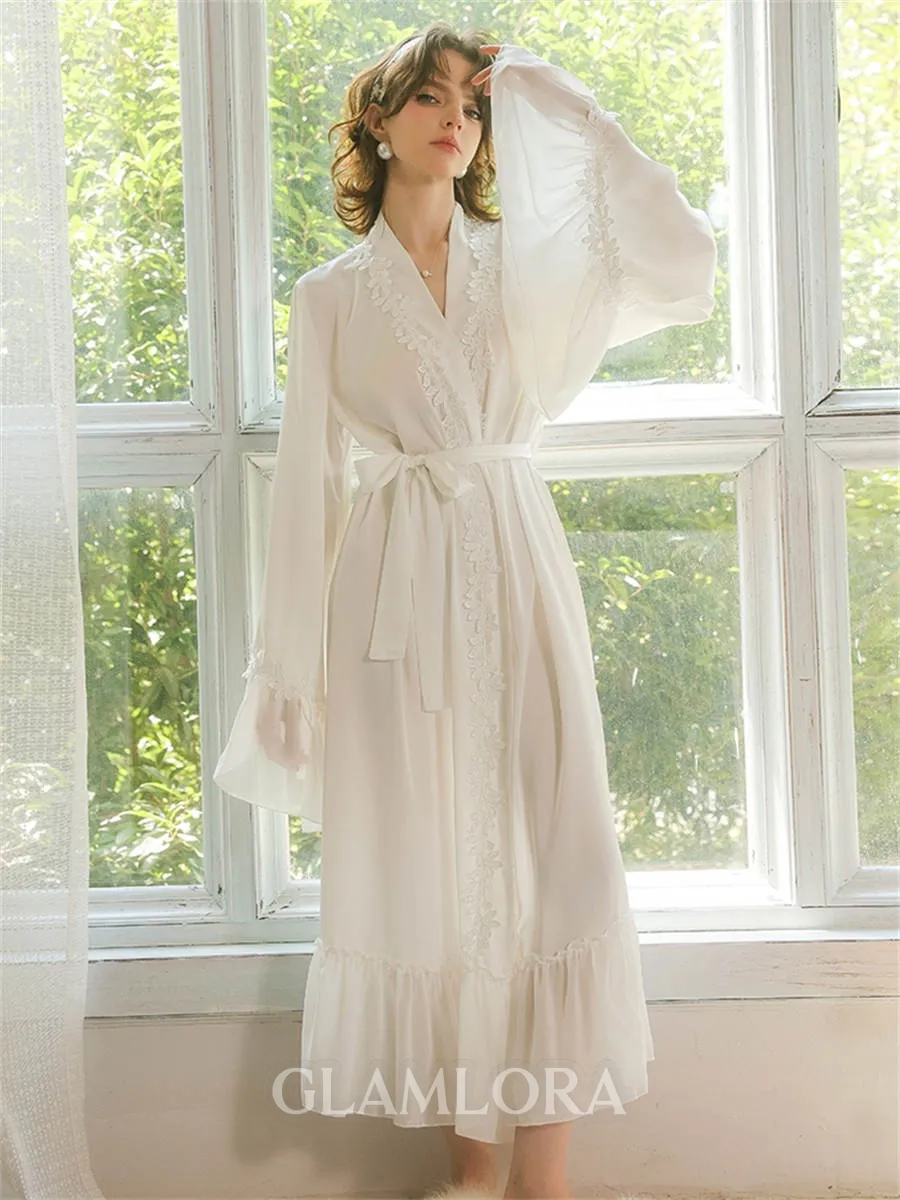 V-neck Long Sleeves Ankle-Length Lace Robe