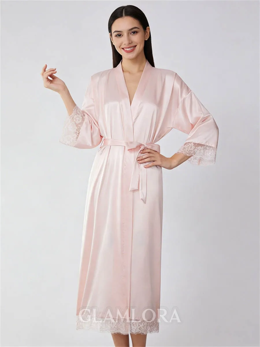 V-neck Long Sleeves Ankle-Length Lace Robe
