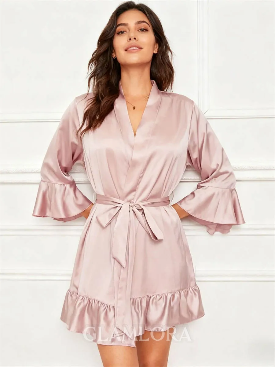 V-neck Long Sleeves Short/Mini Ruffle Robe