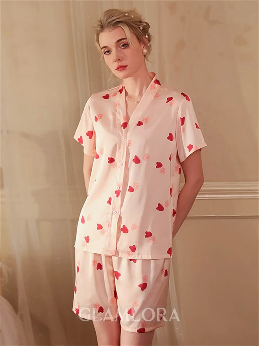 V-neck Short Sleeves Short/Mini Print 2-Piece Set