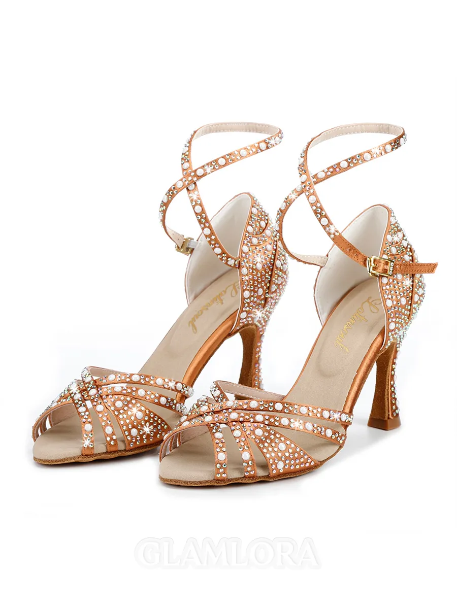 Women's Satin Peep Toe With Rhinestone Stiletto Heel Shoes