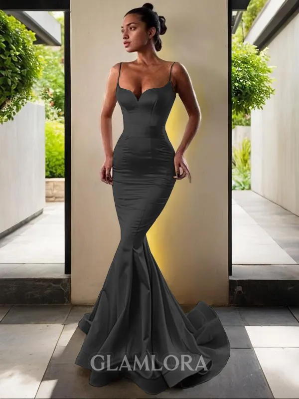 Trumpet/Mermaid V-Neck Sleeveless Sweep Train Flair Silk like Satin Corset Dress