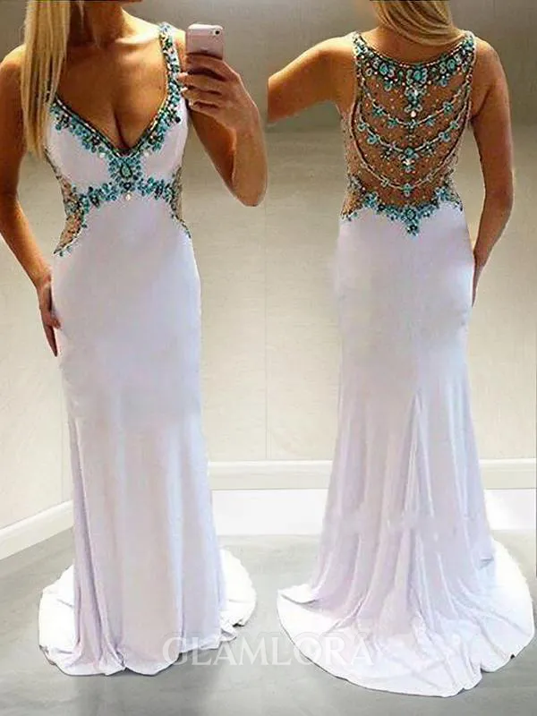 A-line V-Neck Fashion Sleeveless Sweep Train Jersey Dress With Beading