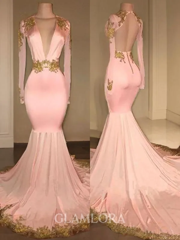 Trumpet/Mermaid V-Neck Long Sleeves Court Train Glamorous Silk like Satin Dress With Applique