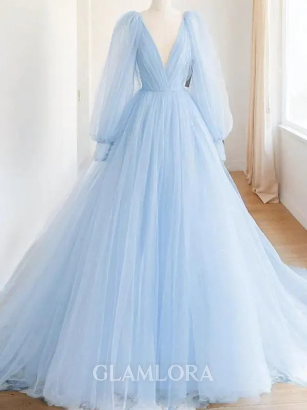 A-line Princess V-Neck Long Sleeves Sweep Train Tulle Chic Dress